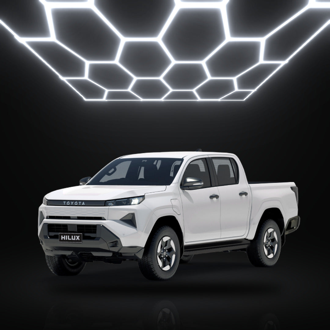 Toyota Hilux under hexagon garage lights