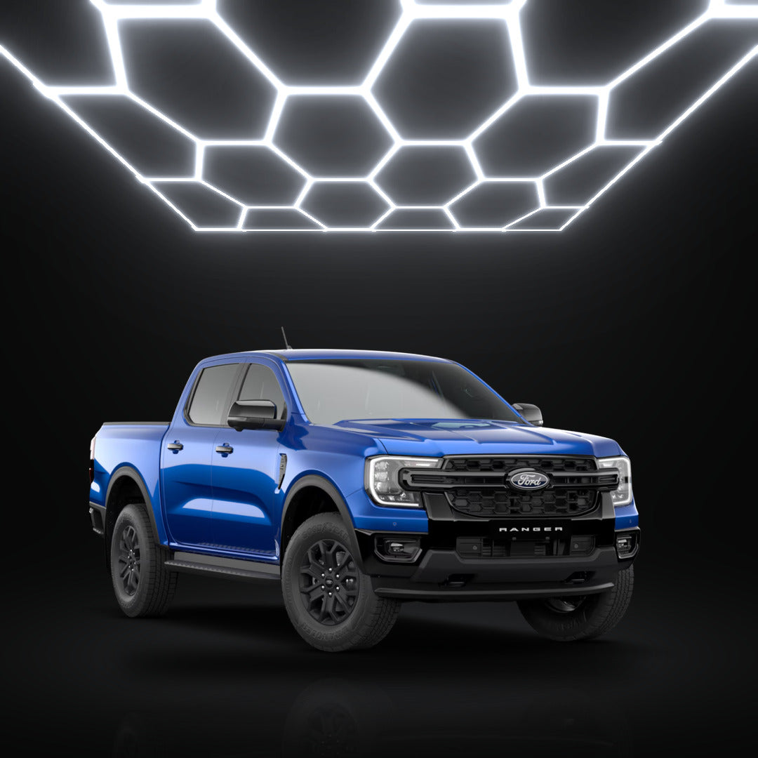 Ford Ranger under hexagon garage lights