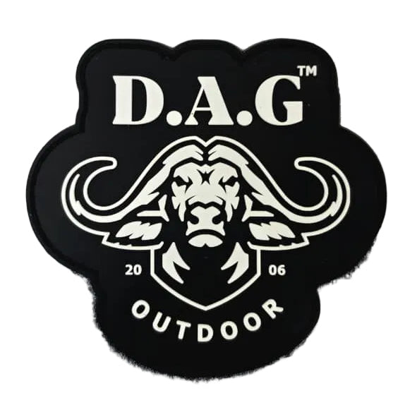 A black paw-shaped embroidered patch with a white buffalo head and the text 'D.A.