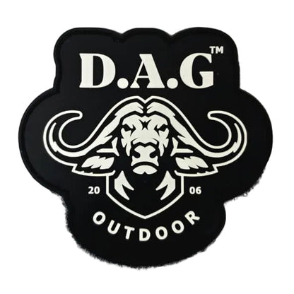 A black paw-shaped embroidered patch with a white buffalo head and the text 'D.A.