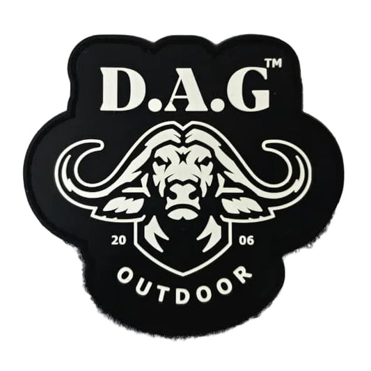 A black paw-shaped embroidered patch with a white buffalo head and the text 'D.A.