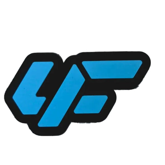 A blue and black stylized '4F' logo patch or sticker, shown on a white graph paper background.